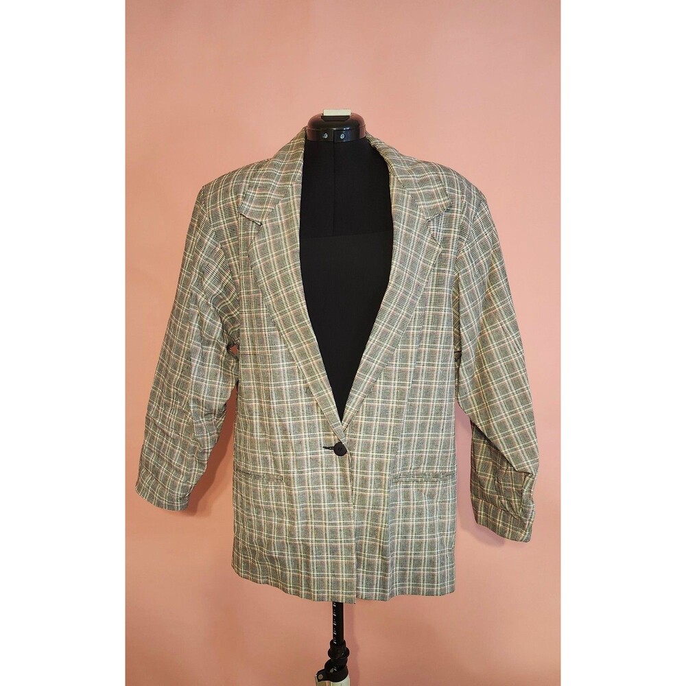 Adolfo Studio Womens Lined Blazer Size 12 Plaid Lined Long Sleeve